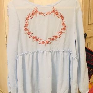 Maxwell James at Haddonfield tunic or mini dress; light blue w/ red embroidery